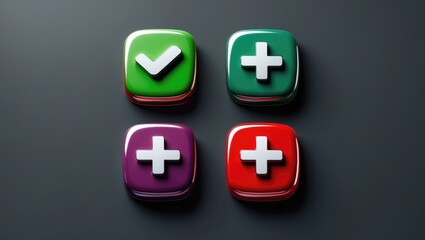Obraz premium Elegant validation icons with smooth buttons and shadowed rounded squares on gray background