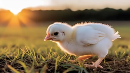 Obraz premium Charming chick walking on green grass bathed in warm sunrise light