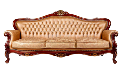 Ornate vintage-style divan with golden tufted backrest and rolled arms, upholstered in beige leather and patterned fabric seat, carved dark wood frame with floral details, isolated