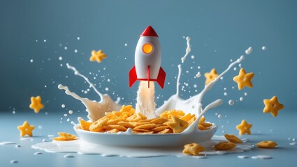 Miniature space rocket launching from a breakfast plate featuring cornflakes and milk with a creative card theme