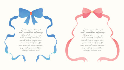 Pink and blue vintage ribbon frame for wedding invitations, valentine's day card, birthday. Ribbons in elegant watercolor beautiful style editable template.