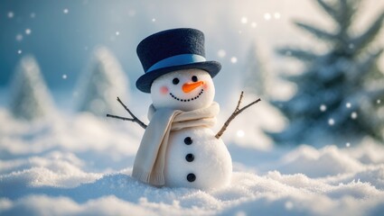 Fototapeta premium Cute snowman wearing a cap and scarf in winter snow with festive background