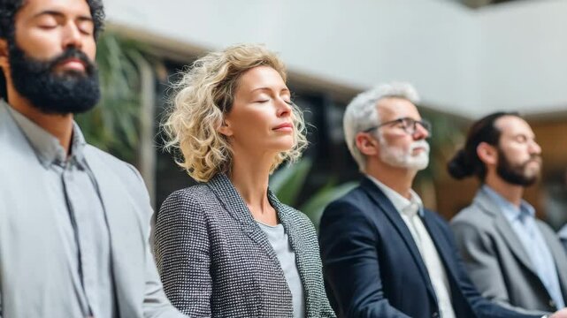 Business people meditating outdoors, mental health and mindfulness concept, 4K video