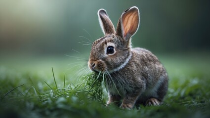 Fototapeta premium Close-up of a young bunny nibbling on grass in the wild forest