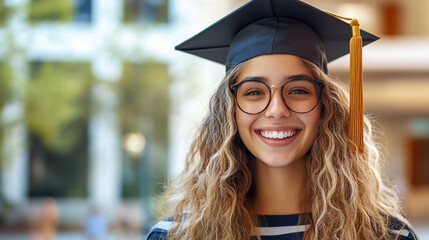 A happy European woman wearing a graduation cap, symbolizing success in university education
