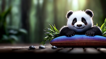 A cute panda resting on a colorful pillow surrounded by lush greenery in a serene forest