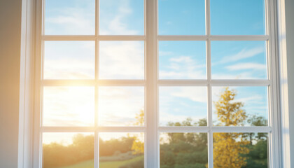 Naklejka premium Bright window sunlight nature blue sky trees autumn home interior tranquility view