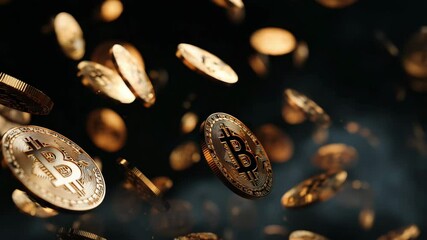 Floating gold bitcoin coins in air, digital wealth and investment concept, 4K video