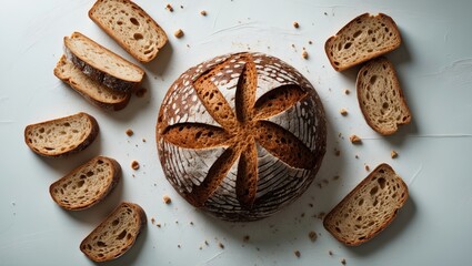 Sliced multigrain bread on a white background with rye bread crumbs