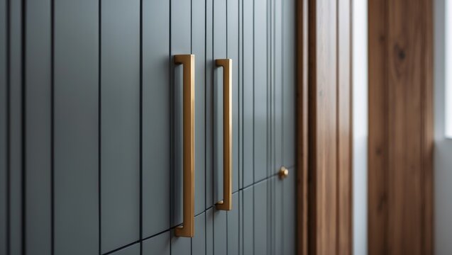 Close-up of modern kitchen cabinet handles