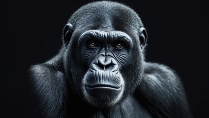 Obraz premium Close-up portrait of a chimpanzee gazing directly forward, isolated on a monochrome background