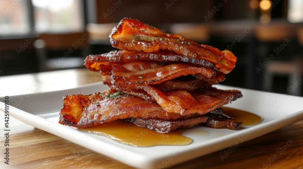 Poster a stack of crispy bacon strips on a white plate, arranged neatly with a light drizzle of maple syrup
