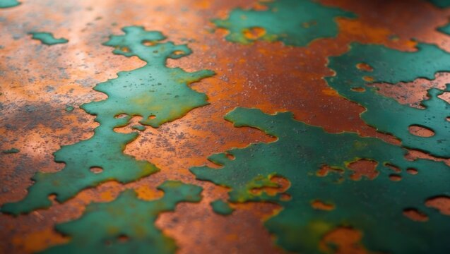 Detailed view of stained copper sheet metal with an abstract, vibrant colorful pattern