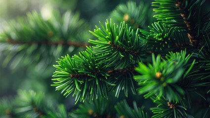 Close-up of pine tree branch with festive background