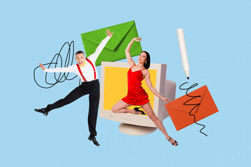 Fototapeta premium Trend template sketch 3D photo collage of passion rhythm studio elegance modern artistic young lady man dance obsolete computer display
