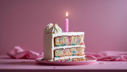 Pink-themed birthday cake slice with candle and confetti backdrop