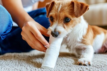 Owner administering care to injured Jack Russell terrier's paw; post-surgery rehabilitation with catheter in place for pet