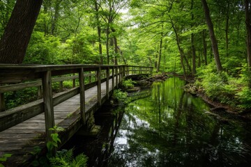 Wooden Bridge Pathway Across Serene Forest Stream, Lush Greenery Reflecting Tranquility, Picturesque Nature Walk.