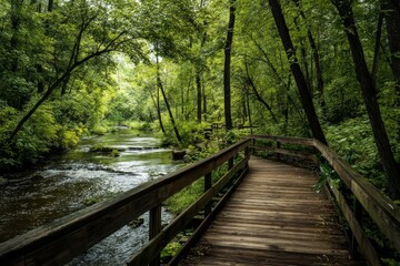 Obraz premium Serene Wooden Walkway Overflowing River in Lush Green Forest