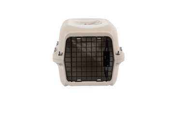 Blue plastic pet carrier with ventilation slats and an open wire door, portable travel crate for cats, small dogs, and small pets, isolated on white background.