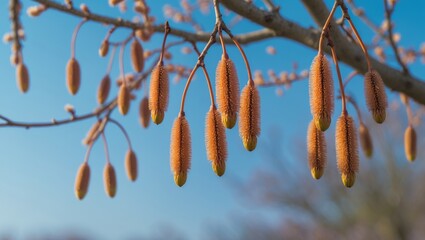 First indications of spring: Hazel with blooming flower buds and catkins at the start of the season