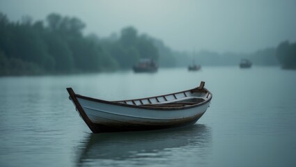 Fototapeta premium Boat used for fishing gently floating on the calm river water