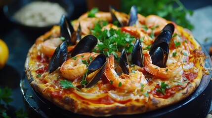 Seafood Pizza with Shrimp, Mussels, and Fresh Parsley