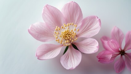 Obraz premium Macro of a soft pink cherry blossom on a white background