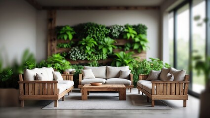 Fototapeta premium Stylish and eco-conscious living room featuring reclaimed wood furniture, neutral tones, and abundant greenery to enhance a warm, inviting environment.