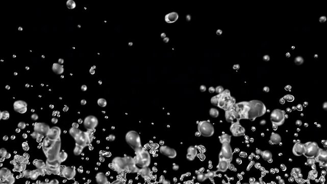 Drops of clear water rise upwards on a transparent background.