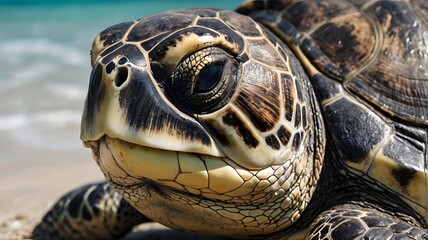 Sea Turtle Resting on Beach with Ocean Waves in Background