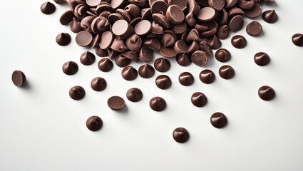 Top view of scattered chocolate chip morsels on white background