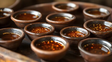 Traditional Lao fermented fish sauce in small clay bowls