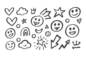 Hand Drawn Smile Brush Vector Set. Emoji Faces, Hearts, Crowns, Arrows with Crayon Texture in Kid Sketch Style, Fun Marker Doodle Elements Collection