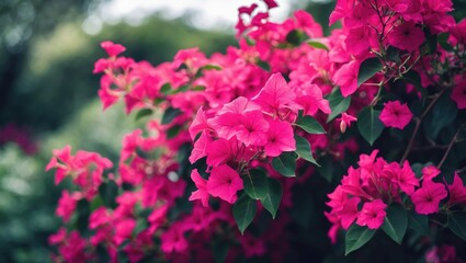 Fototapeta premium Close-up of vibrant bougainvillea blossoms against a colorful garden background