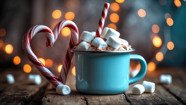 Rustic enamel mug filled with hot cocoa, marshmallows, and heart-shaped candy canes for Christmas winter warmth. - Powered by Adobe
