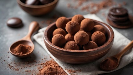 Luxurious cocoa-coated praline spheres and truffles presented in a wooden bowl with dark chocolate pieces and cocoa powder.