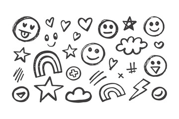 Hand Drawn Smile Brush Vector Set. Emoji Faces, Hearts, Crowns, Arrows with Crayon Texture in Kid Sketch Style, Fun Marker Doodle Elements Collection
