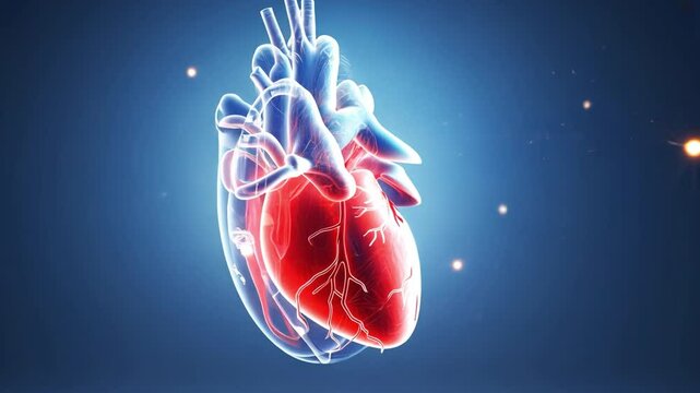 Human Heart Anatomy: An intricate and detailed 3D illustration of the human heart, with glowing veins and arteries, against a deep blue background.