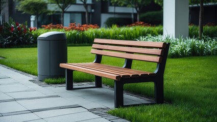 Wooden bench on tiled surface surrounded by lawn, decorative grass, and flowers in a recreational park setting