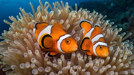 Two Clownfish Swimming Amongst Anemone Tentacles in Clear Ocean Water