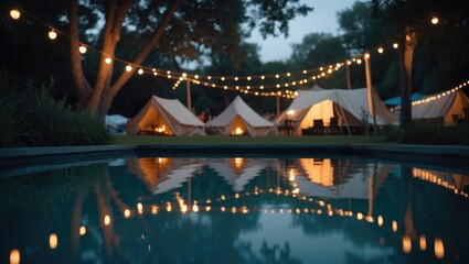 Fototapeta premium Camping party reflection background with pool