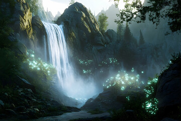 Majestic waterfall cascading down rocky mountainside, illuminated by ethereal glow.