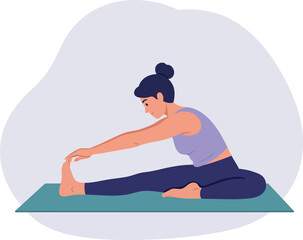 Woman stretching on yoga mat in casual wear indoor fitness and flexibility exercise 