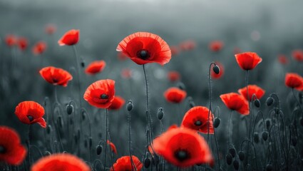Obraz premium Red poppies blooming in a peaceful field during summer