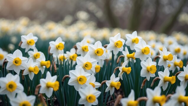 White daffodils blooming in a lush garden setting.