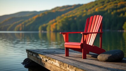 Fototapeta premium Blue beach chair resting on a dock by the water during summer