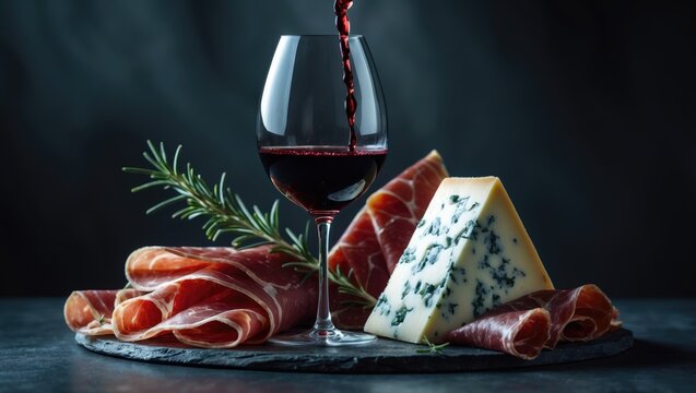 Wine and cheese platter featuring red wine, grapes, rosemary, prosciutto, and blue cheese on a dark background