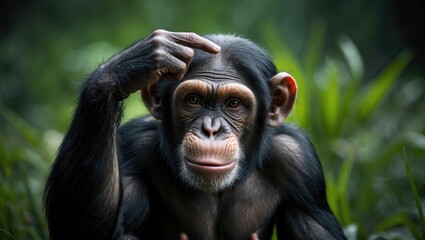 Close-up of a furry chimpanzee with raised hand in natural habitat