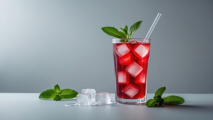 Refreshing red iced tea with ice cubes and mint in a transparent glass, perfect for summer